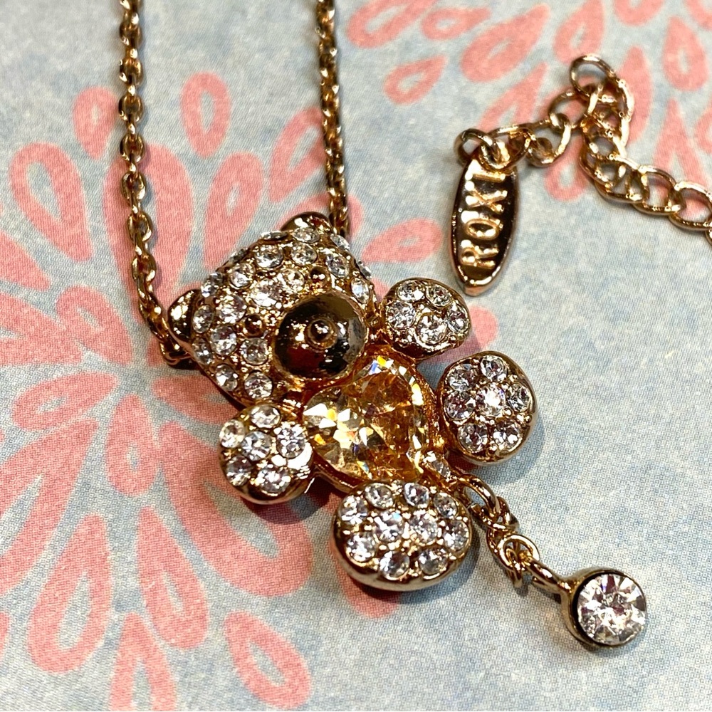 Roxi Teddy Bear Rose Gold Tone Chain Necklace Rhinestones Pendant Cute Animal